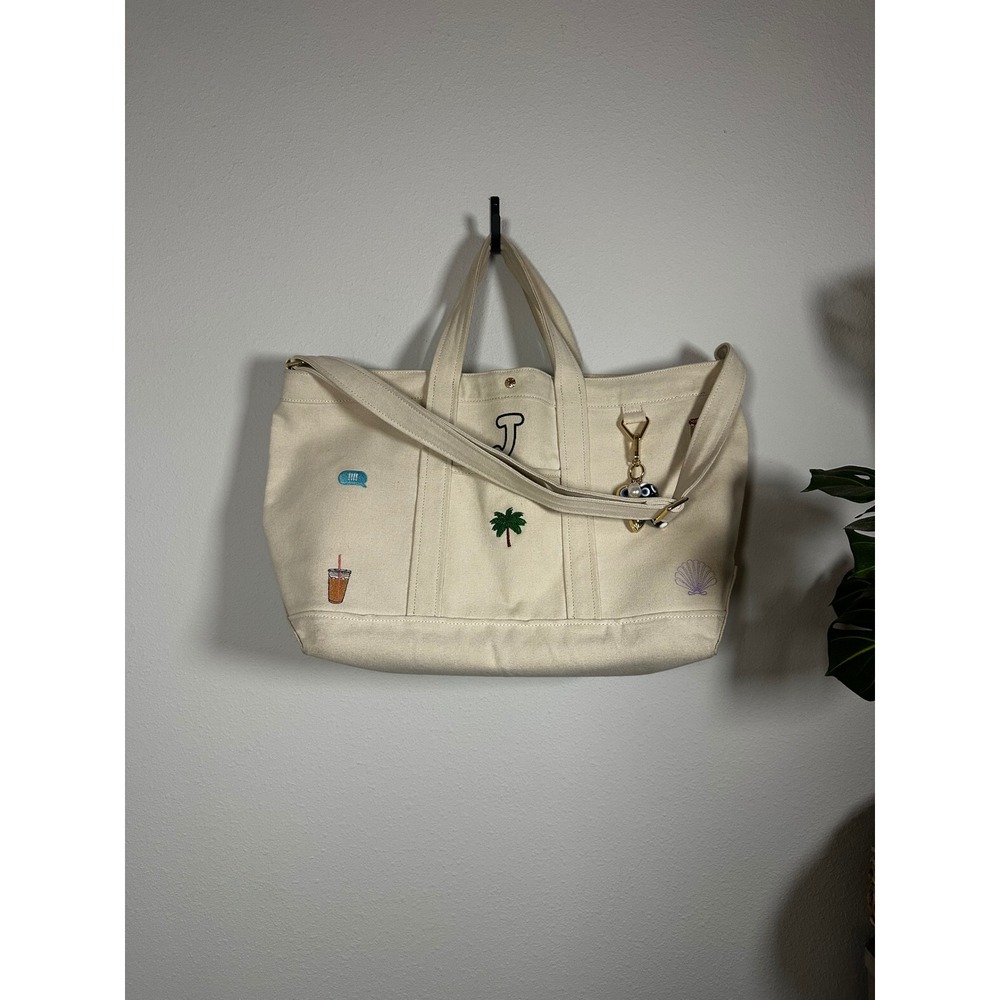 BaubleBar Large Canvas Icon Tote Bag "J" Monogram Beach Theme Patches‎ and Charm - Picture 2 of 6